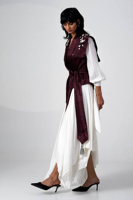 Shop Madder Much Brown Embroidery, Sequins Shawl Neck Thread Designer Jacket Online at Aza Fashions Shop_Madder Much_Brown Embroidery, Sequins Shawl Neck Thread Designer Jacket _Online_at_Aza_Fashions