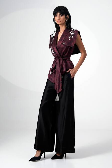 Madder Much Brown Modal, Chanderi Silk Embroidery V-neck Jacket And Pant Set Online at Aza Fashions Madder Much_Brown Modal, Chanderi Silk Embroidery V-neck Jacket And Pant Set _Online_at_Aza_Fashions