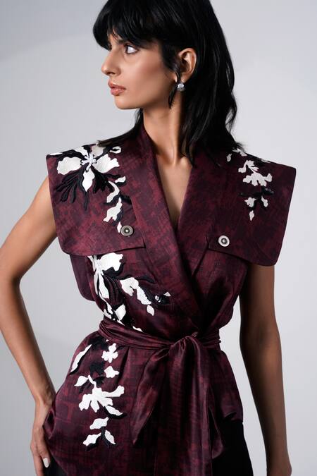 Shop Madder Much Brown Modal, Chanderi Silk Embroidery V-neck Jacket And Pant Set Online at Aza Fashions Shop_Madder Much_Brown Modal, Chanderi Silk Embroidery V-neck Jacket And Pant Set _Online_at_Aza_Fashions