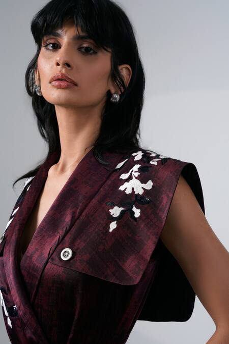 Madder Much Brown Modal, Chanderi Silk Embroidery V-neck Jacket And Pant Set at Aza Fashions Madder Much_Brown Modal, Chanderi Silk Embroidery V-neck Jacket And Pant Set _at_Aza_Fashions