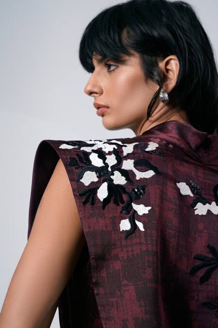 Buy Madder Much Brown Modal, Chanderi Silk Embroidery V-neck Jacket And Pant Set Buy_Madder Much_Brown Modal, Chanderi Silk Embroidery V-neck Jacket And Pant Set