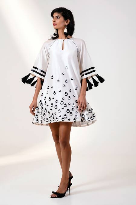 Shop Madder Much Black Chanderi Silk Sequins, Tassels Keyhole Neck Dress Online at Aza Fashions Shop_Madder Much_Black Chanderi Silk Sequins, Tassels Keyhole Neck Dress _Online_at_Aza_Fashions