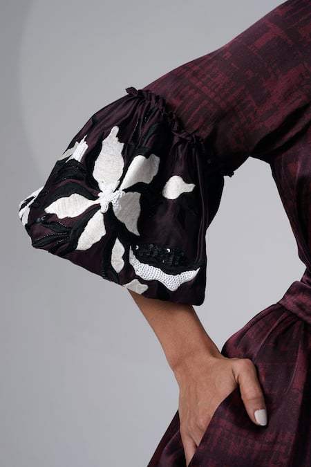 Madder Much_Brown Modal, Satin Sequins V-neck Embroidered Midi Dress With Belt _Online_at_Aza_Fashions