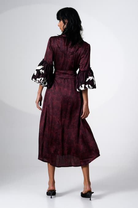 Madder Much Brown Embroidered Midi Dress With Belt 