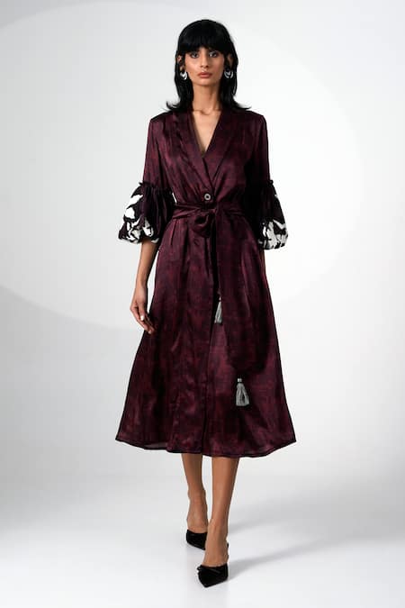 Shop_Madder Much_Brown Modal, Satin Sequins V-neck Embroidered Midi Dress With Belt _Online_at_Aza_Fashions