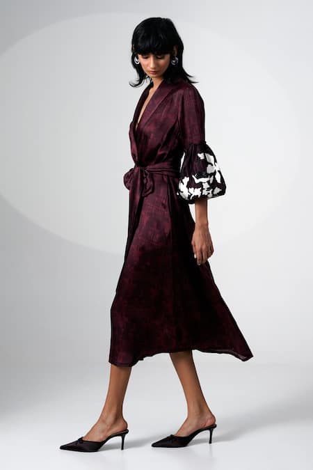 Madder Much_Brown Modal, Satin Sequins V-neck Embroidered Midi Dress With Belt _at_Aza_Fashions