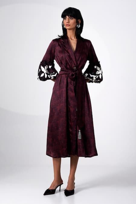 Buy_Madder Much_Brown Modal, Satin Sequins V-neck Embroidered Midi Dress With Belt 