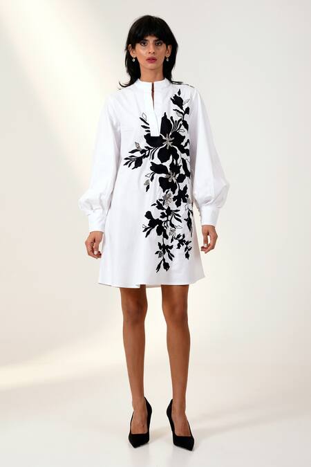 Madder Much_White Cotton Sequins Collared Floral Thread Embroidered Dress _Online_at_Aza_Fashions