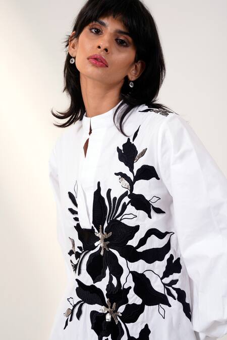 Buy_Madder Much_White Cotton Sequins Collared Floral Thread Embroidered Dress _Online_at_Aza_Fashions