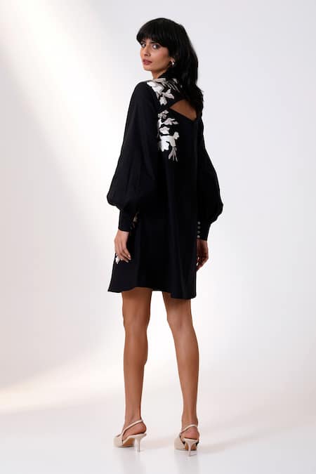 Shop Madder Much Black Cotton Sequins, Embroidery Bandeau Neck Floral Dress at Aza Fashions Shop_Madder Much_Black Cotton Sequins, Embroidery Bandeau Neck Floral Dress _at_Aza_Fashions