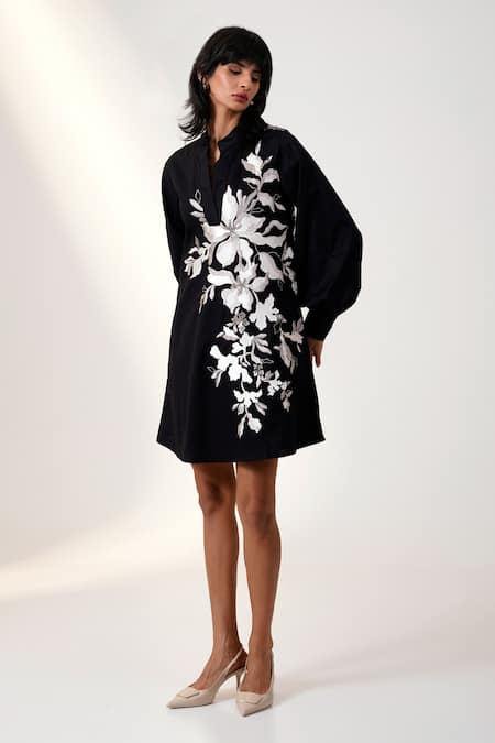 Shop Madder Much Black Cotton Sequins, Embroidery Bandeau Neck Floral Dress Online at Aza Fashions Shop_Madder Much_Black Cotton Sequins, Embroidery Bandeau Neck Floral Dress _Online_at_Aza_Fashions