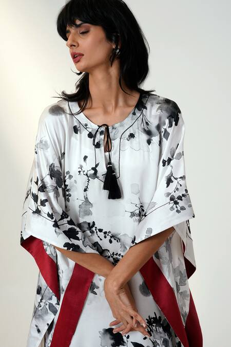 Madder Much White Modal, Silk Tassels Keyhole Neck Floral Print Designer Kaftan With Border Online at Aza Fashions Madder Much_White Modal, Silk Tassels Keyhole Neck Floral Print Designer Kaftan With Border _Online_at_Aza_Fashions