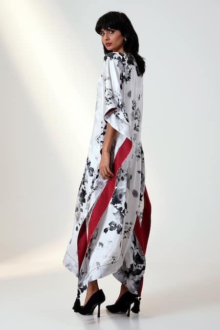 Shop Madder Much White Modal, Silk Tassels Keyhole Neck Floral Print Designer Kaftan With Border at Aza Fashions Shop_Madder Much_White Modal, Silk Tassels Keyhole Neck Floral Print Designer Kaftan With Border _at_Aza_Fashions
