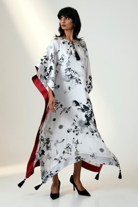 Shop Madder Much White Modal, Silk Tassels Keyhole Neck Floral Print Designer Kaftan With Border Online at Aza Fashions Shop_Madder Much_White Modal, Silk Tassels Keyhole Neck Floral Print Designer Kaftan With Border _Online_at_Aza_Fashions
