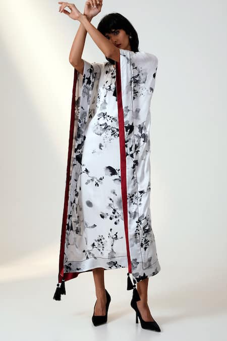 Madder Much White Modal, Silk Tassels Keyhole Neck Floral Print Designer Kaftan With Border at Aza Fashions Madder Much_White Modal, Silk Tassels Keyhole Neck Floral Print Designer Kaftan With Border _at_Aza_Fashions
