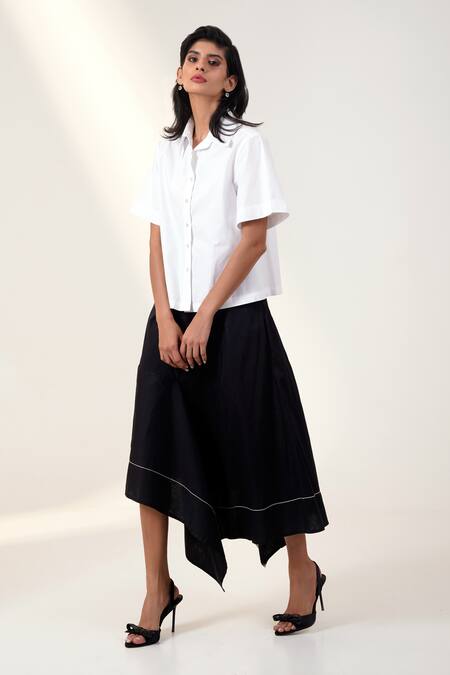 Madder Much White Modal, , Chanderi Collared Shirt And Black Trapeze Skirt Set Online at Aza Fashions Madder Much_White Modal, , Chanderi Collared Shirt And Black Trapeze Skirt Set _Online_at_Aza_Fashions