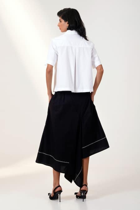 Shop Madder Much White Modal, , Chanderi Collared Shirt And Black Trapeze Skirt Set at Aza Fashions Shop_Madder Much_White Modal, , Chanderi Collared Shirt And Black Trapeze Skirt Set _at_Aza_Fashions