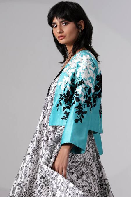 Madder Much Turquoise Chanderi Silk Embroidery Open Neck Floral Jacket Online at Aza Fashions Madder Much_Turquoise Chanderi Silk Embroidery Open Neck Floral Jacket_Online_at_Aza_Fashions