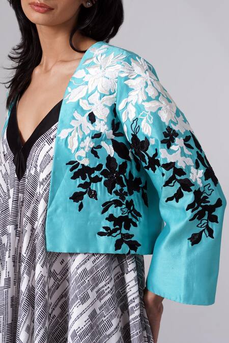 Buy Madder Much Turquoise Chanderi Silk Embroidery Open Neck Floral Jacket Online at Aza Fashions Buy_Madder Much_Turquoise Chanderi Silk Embroidery Open Neck Floral Jacket_Online_at_Aza_Fashions
