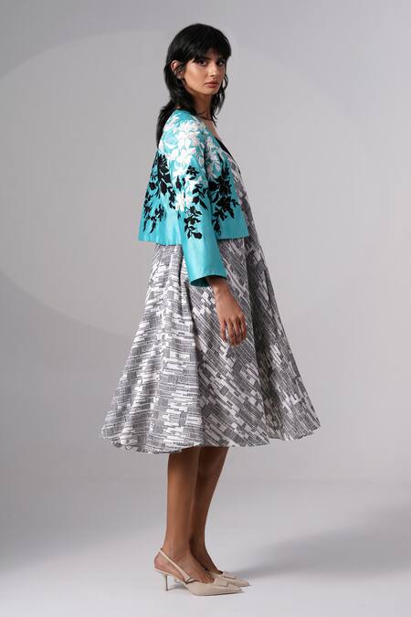 Shop Madder Much Turquoise Chanderi Silk Embroidery Open Neck Floral Jacket Online at Aza Fashions Shop_Madder Much_Turquoise Chanderi Silk Embroidery Open Neck Floral Jacket_Online_at_Aza_Fashions