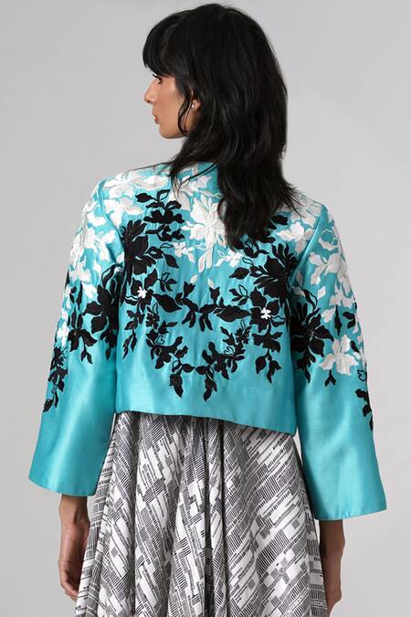 Shop Madder Much Turquoise Chanderi Silk Embroidery Open Neck Floral Jacket at Aza Fashions Shop_Madder Much_Turquoise Chanderi Silk Embroidery Open Neck Floral Jacket_at_Aza_Fashions