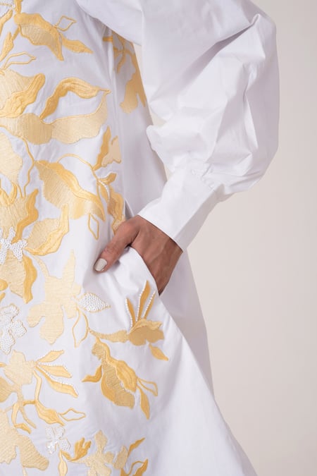 Madder Much_White Poplin, Cotton Sequins, Embroidery Bandeau Neck Dress _Online_at_Aza_Fashions