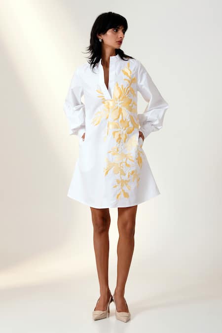 Shop_Madder Much_White Poplin, Cotton Sequins, Embroidery Bandeau Neck Dress _Online_at_Aza_Fashions
