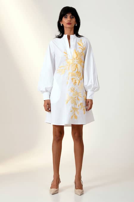 Madder Much_White Poplin, Cotton Sequins, Embroidery Bandeau Neck Dress _at_Aza_Fashions