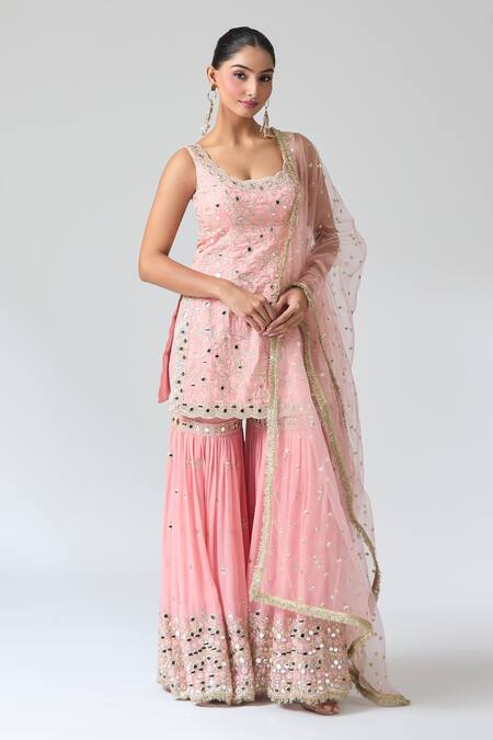 Shop_Gopi Vaid_Pink Tussar, Georgette, Net Embroidery, Sequins, And Thread Kurta Sharara Set 