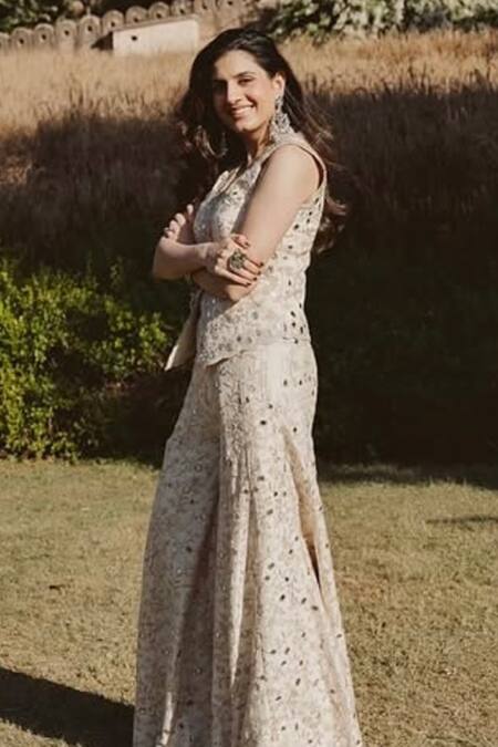 Shop Gopi Vaid Beige Tussar Mirrors, Embroidery Scoop Neck Thread Work Vest And Pant Set Shop_Gopi Vaid_Beige Tussar Mirrors, Embroidery Scoop Neck Thread Work Vest And Pant Set