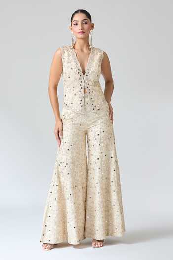 Buy Gopi Vaid Cream Tussar Mirrors, Embroidery Scoop Neck Beige Thread Work Vest And Pant Set Buy_Gopi Vaid_Cream Tussar Mirrors, Embroidery Scoop Neck Beige Thread Work Vest And Pant Set