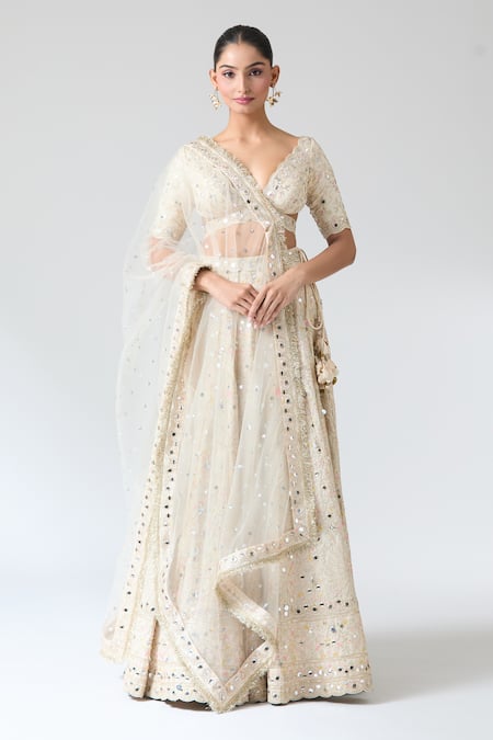 Gopi Vaid Beige Tussar, Net Mirrors, Embroidery Plunge Neck Work Lehenga Set at Aza Fashions Gopi Vaid_Beige Tussar, Net Mirrors, Embroidery Plunge Neck Work Lehenga Set _at_Aza_Fashions