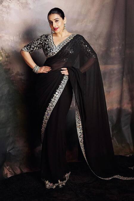 Shop_Gopi Vaid_Black Tussar, Chiffon Sequins, Mirrors Scoop Neck Work Saree And Blouse Set 