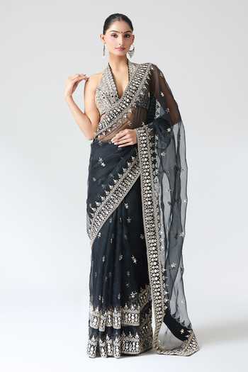 Shop Gopi Vaid Black Tussar, Organza Embroidery, Mirrors Plunge Neck Saree Set Shop_Gopi Vaid_Black Tussar, Organza Embroidery, Mirrors Plunge Neck Saree Set