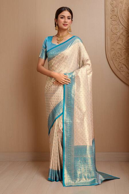 Buy_Naintara Bajaj_Off White Silk, Kota Doria Embroidery Geometric Woven Kanjivaram Saree And Blouse _Online_at_Aza_Fashions