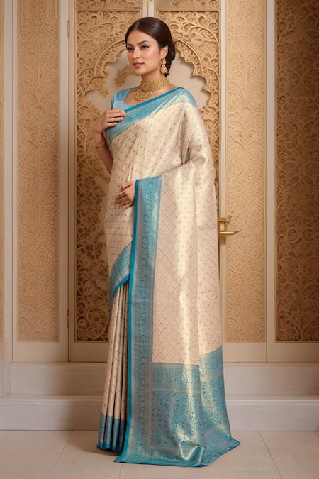 Shop_Naintara Bajaj_Off White Silk, Kota Doria Embroidery Geometric Woven Kanjivaram Saree And Blouse _Online_at_Aza_Fashions