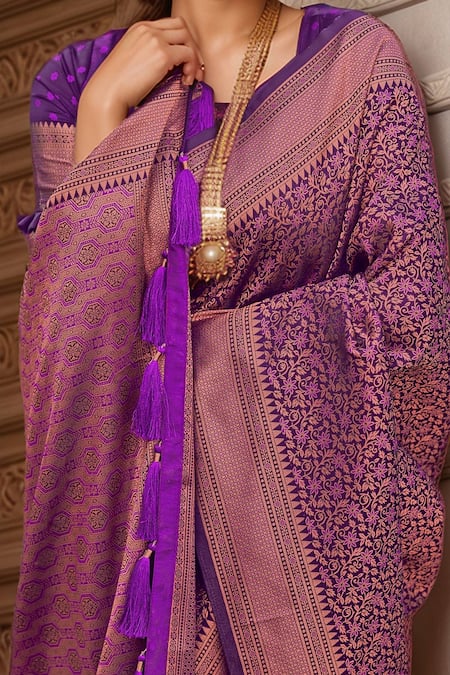 Shop Naintara Bajaj Purple Silk Embroidery Square Neck Floral Woven Banarasi Saree With Blouse Online at Aza Fashions Shop_Naintara Bajaj_Purple Silk Embroidery Square Neck Floral Woven Banarasi Saree With Blouse_Online_at_Aza_Fashions