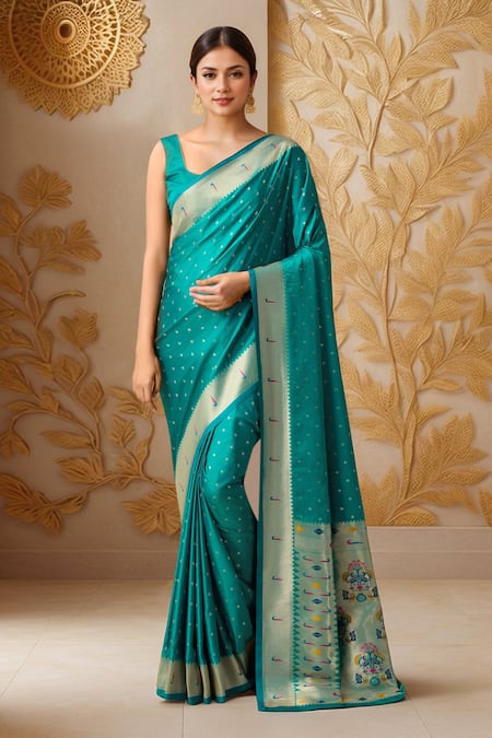 Samyukta Singhania Teal Blue Paithani Silk Woven Saree Set 