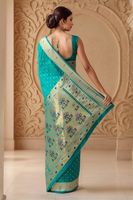 Shop Samyukta Singhania Blue Pashmina Embroidery Square Neck Teal Paithani Silk Woven Saree Set at Aza Fashions Shop_Samyukta Singhania_Blue Pashmina Embroidery Square Neck Teal Paithani Silk Woven Saree Set _at_Aza_Fashions