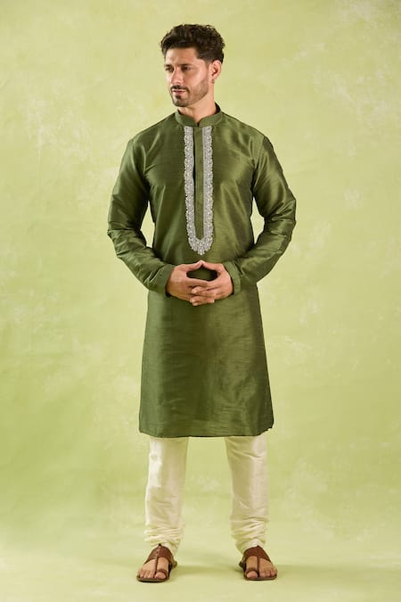 Shop_Arihant Rai Sinha_Green Silk Embroidery Floral Paisley Kurta Set _Online_at_Aza_Fashions