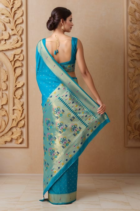 Shop Samyukta Singhania Blue Pashmina Embroidery Asymmetric Floral Butti Woven Saree And Blouse at Aza Fashions Shop_Samyukta Singhania_Blue Pashmina Embroidery Asymmetric Floral Butti Woven Saree And Blouse_at_Aza_Fashions