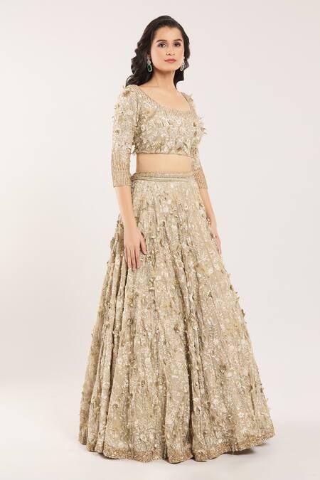 Nakul Sen_Beige Silk, Chiffon Sequins, Beads, Embroidery Mushroom 3d Floral Lehenga Set _Online_at_Aza_Fashions