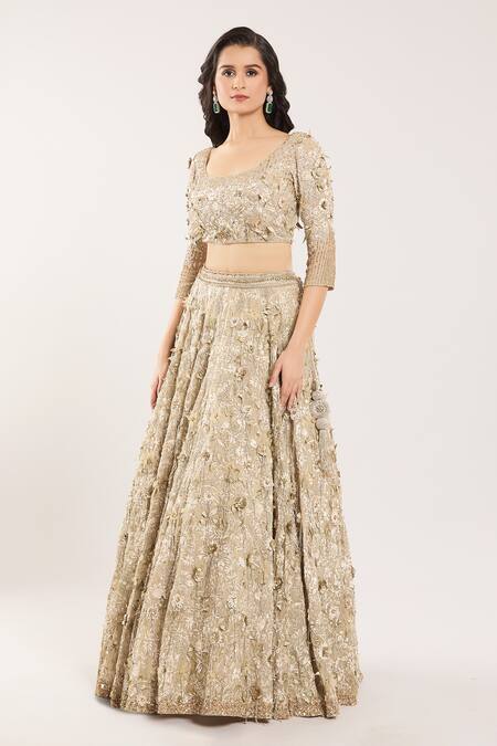 Buy_Nakul Sen_Beige Silk, Chiffon Sequins, Beads, Embroidery Mushroom 3d Floral Lehenga Set _Online_at_Aza_Fashions