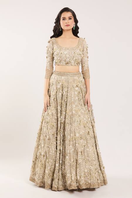 Shop_Nakul Sen_Beige Silk, Chiffon Sequins, Beads, Embroidery Mushroom 3d Floral Lehenga Set _Online_at_Aza_Fashions