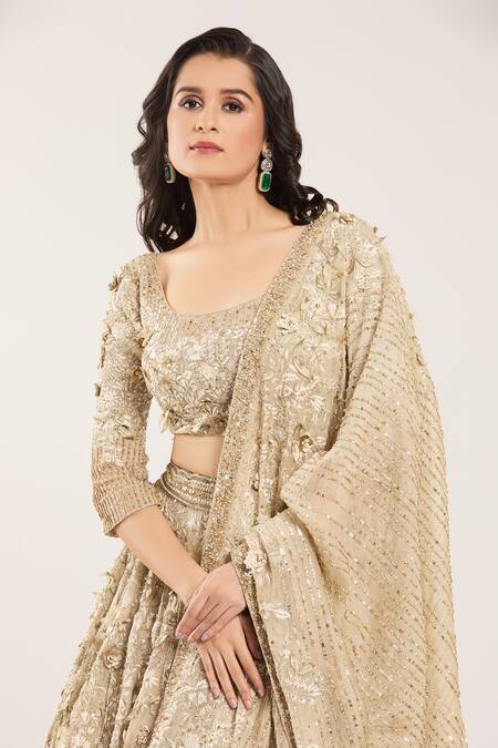 Nakul Sen_Beige Silk, Chiffon Sequins, Beads, Embroidery Mushroom 3d Floral Lehenga Set _at_Aza_Fashions