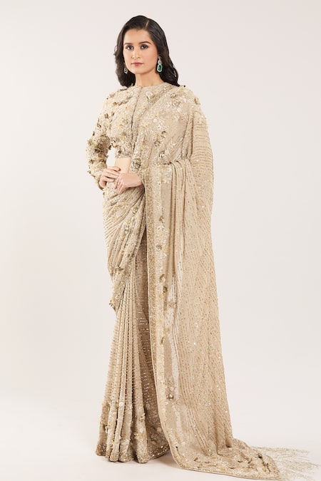 Nakul Sen Beige Silk, Chiffon Sequins, Beads, Embroidery Round Neck 3d Floral Saree Set Online at Aza Fashions Nakul Sen_Beige Silk, Chiffon Sequins, Beads, Embroidery Round Neck 3d Floral Saree Set _Online_at_Aza_Fashions