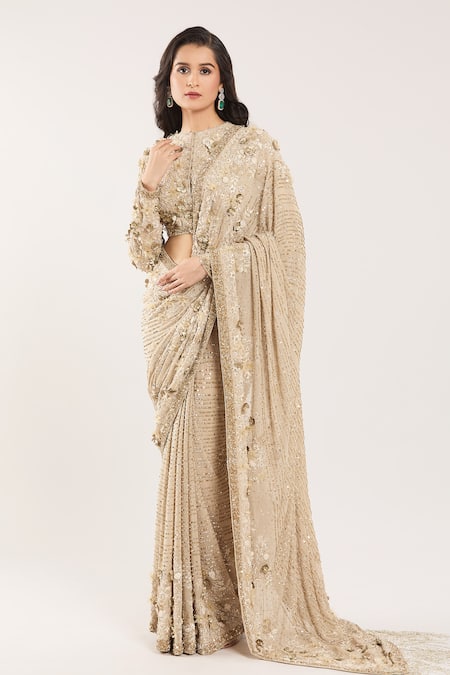 Buy Nakul Sen Beige Silk, Chiffon Sequins, Beads, Embroidery Round Neck 3d Floral Saree Set Online at Aza Fashions Buy_Nakul Sen_Beige Silk, Chiffon Sequins, Beads, Embroidery Round Neck 3d Floral Saree Set _Online_at_Aza_Fashions