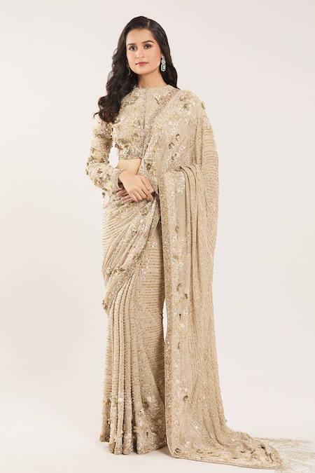 Shop Nakul Sen Beige Silk, Chiffon Sequins, Beads, Embroidery Round Neck 3d Floral Saree Set Online at Aza Fashions Shop_Nakul Sen_Beige Silk, Chiffon Sequins, Beads, Embroidery Round Neck 3d Floral Saree Set _Online_at_Aza_Fashions