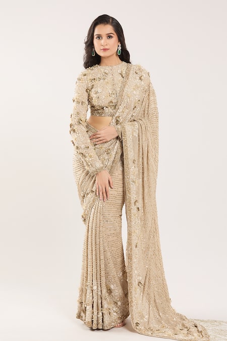 Nakul Sen Beige Silk, Chiffon Sequins, Beads, Embroidery Round Neck 3d Floral Saree Set at Aza Fashions Nakul Sen_Beige Silk, Chiffon Sequins, Beads, Embroidery Round Neck 3d Floral Saree Set _at_Aza_Fashions