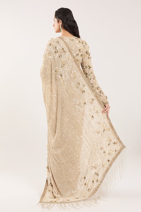 Nakul Sen Beige 3D Floral Embroidered Saree Set 